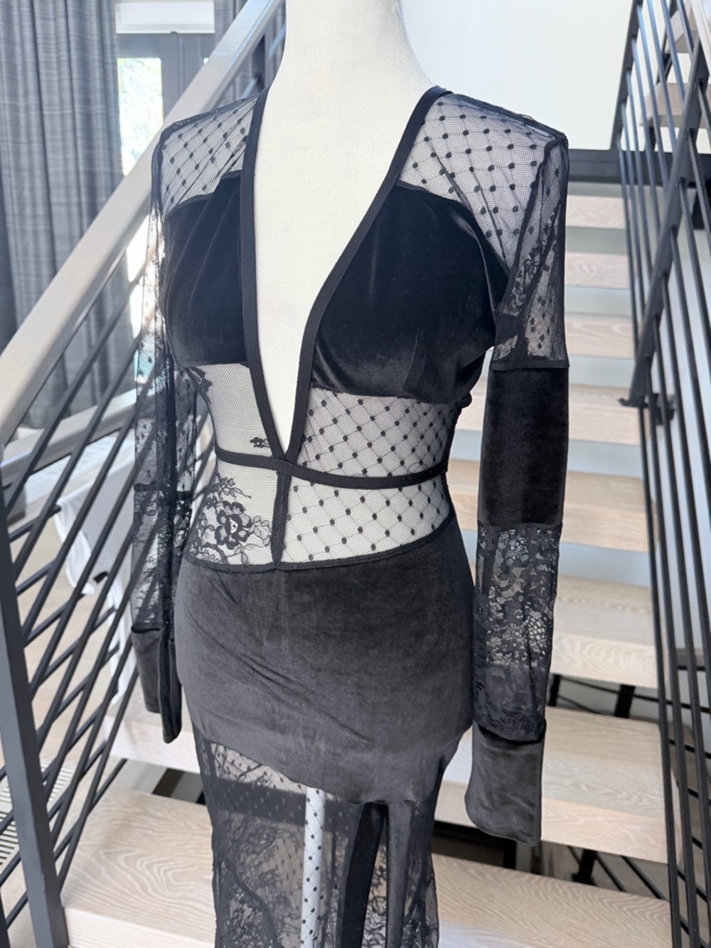 Sheer Panel Black Evening Maxi Dress with Deep V and Open back size XS - Picture 7 of 15